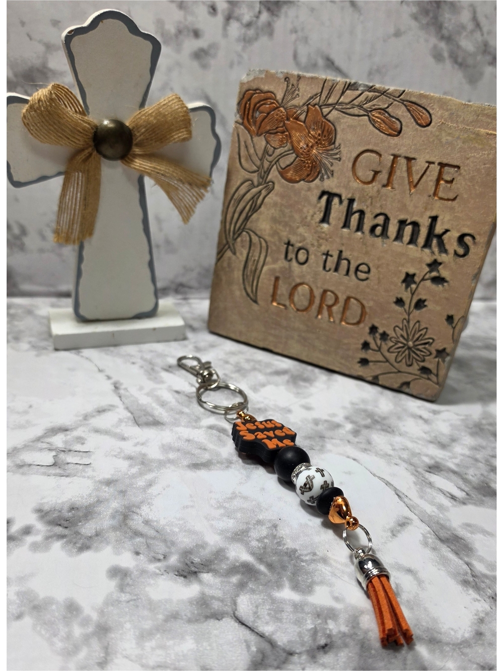 Homemade Orange & Black Religious Tassel Keychain - Unbranded
